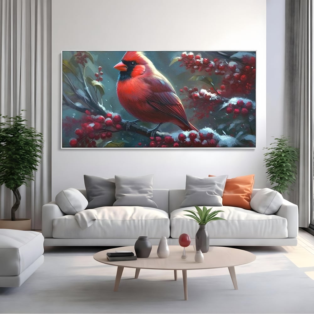 Tablou canvas cu tablou canvas cu pasare cardinal pe ramura inzapezita, in rama de aluminiu argintiu, pe perete intr-un living